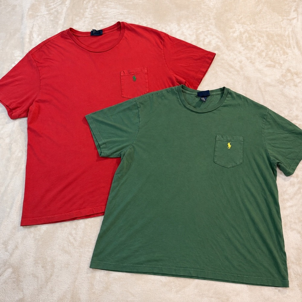Lot of 2 Vintage 90s Polo Ralph Lauren Single Stitch Pocket T-Shirts Red Green L